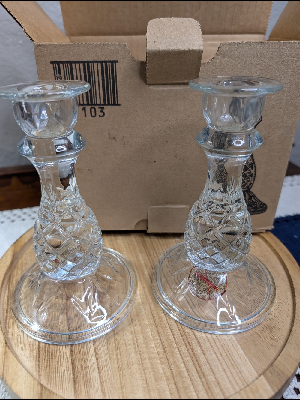 Vintage Home Interiors Set Of 2 Clear Pineapple Cut-Pattern Glass Candlestick